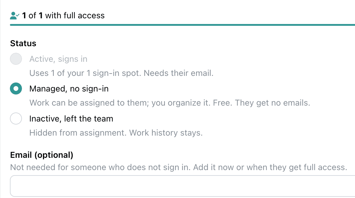 SRP person settings on the free plan, one person with full access and a managed person who never signs in and needs no email